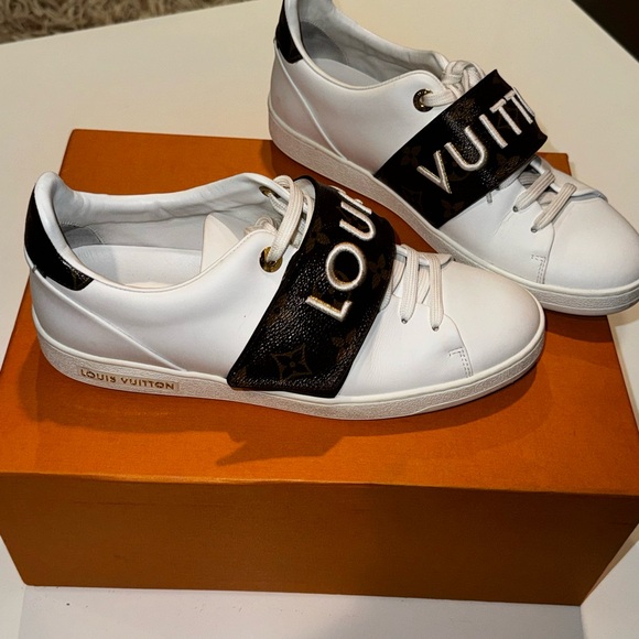 Louis Vuitton White Leather with Brown Canvas Monogram Frontrow womens sneakers - Picture 2 of 8